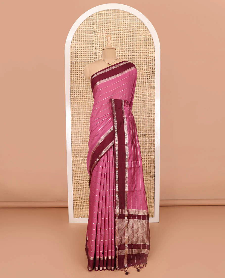 Pink Assam Silk Saree Embellished with Zari Stripes, Complemented with a Contrast Traditional Design Border, Zari-Elevated Pallu, and Paired with a Contrast Blouse - Image 2