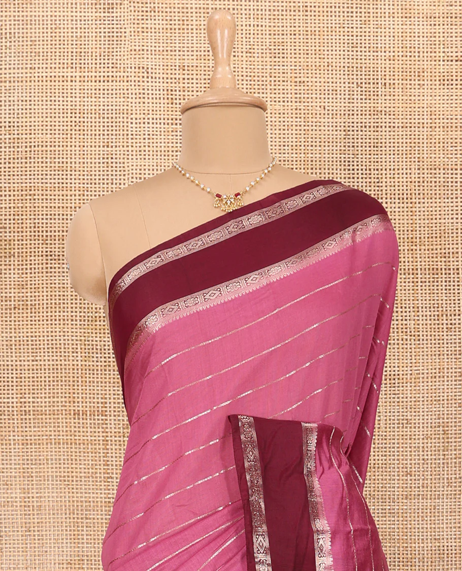 Pink Assam Silk Saree Embellished with Zari Stripes, Complemented with a Contrast Traditional Design Border, Zari-Elevated Pallu, and Paired with a Contrast Blouse - Image 3