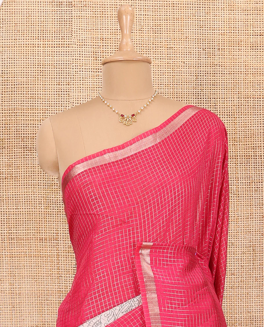 Pink Assam Silk Saree Subtly Sparkled with Micro-Checks and Kalamkari Floral Prints, Featuring a Simple Piping Border, a Pallu Woven with Zari Stripes, Paired with a Matching Checked Blouse - Image 2
