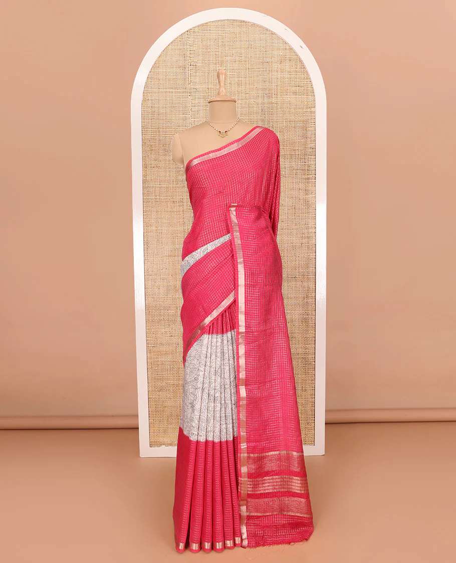Pink Assam Silk Saree Subtly Sparkled with Micro-Checks and Kalamkari Floral Prints, Featuring a Simple Piping Border, a Pallu Woven with Zari Stripes, Paired with a Matching Checked Blouse - Image 3
