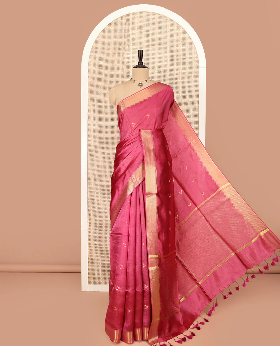 Pink Banana Pith Saree Decorated with Zari Temple Buttas, Delicately Woven Temple Zari Border, Gleaming Zari Pallu of Horizontal Stripes in Zari, and Paired with a Matching Plain Blouse