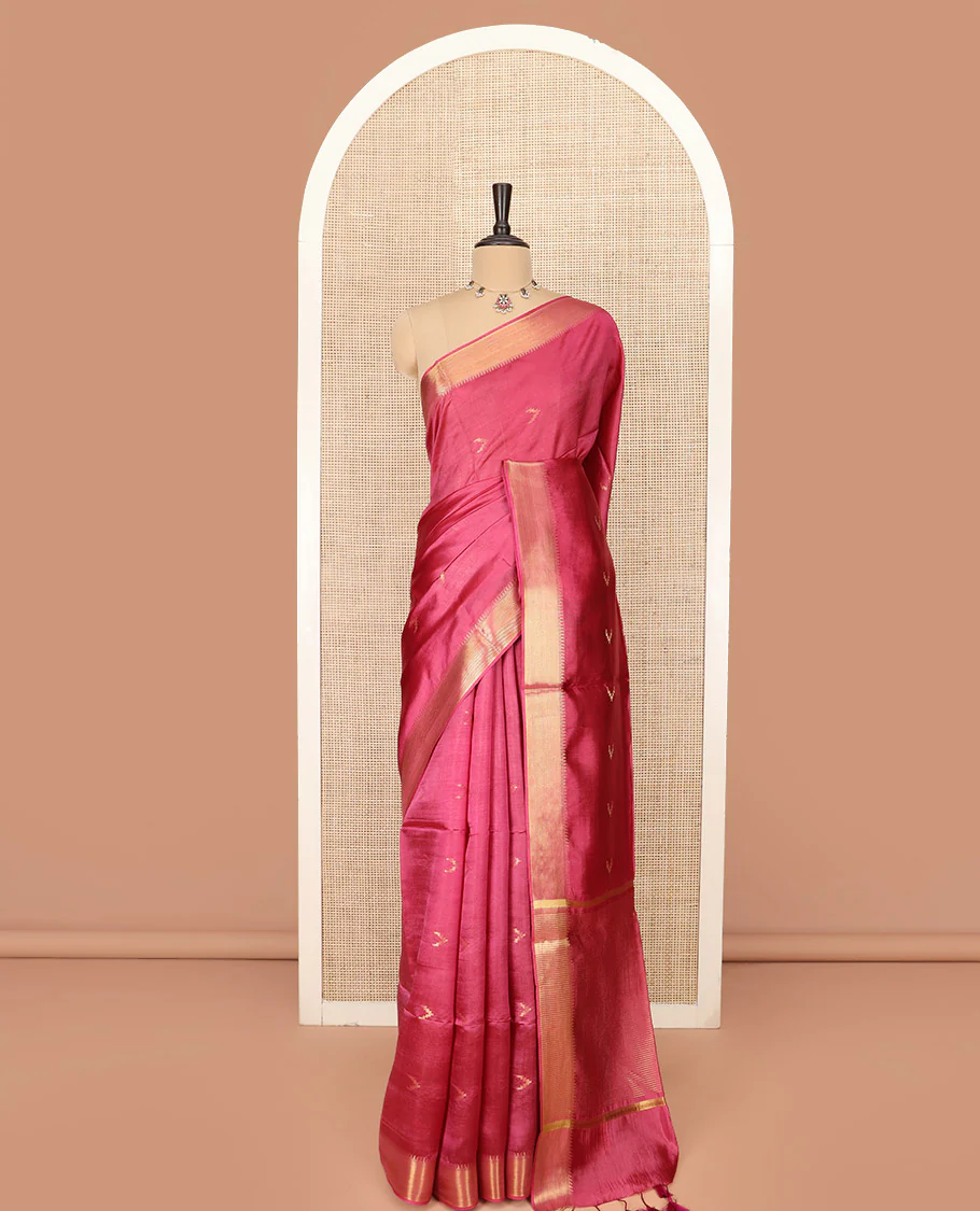 Pink Banana Pith Saree Decorated with Zari Temple Buttas, Delicately Woven Temple Zari Border, Gleaming Zari Pallu of Horizontal Stripes in Zari, and Paired with a Matching Plain Blouse - Image 3
