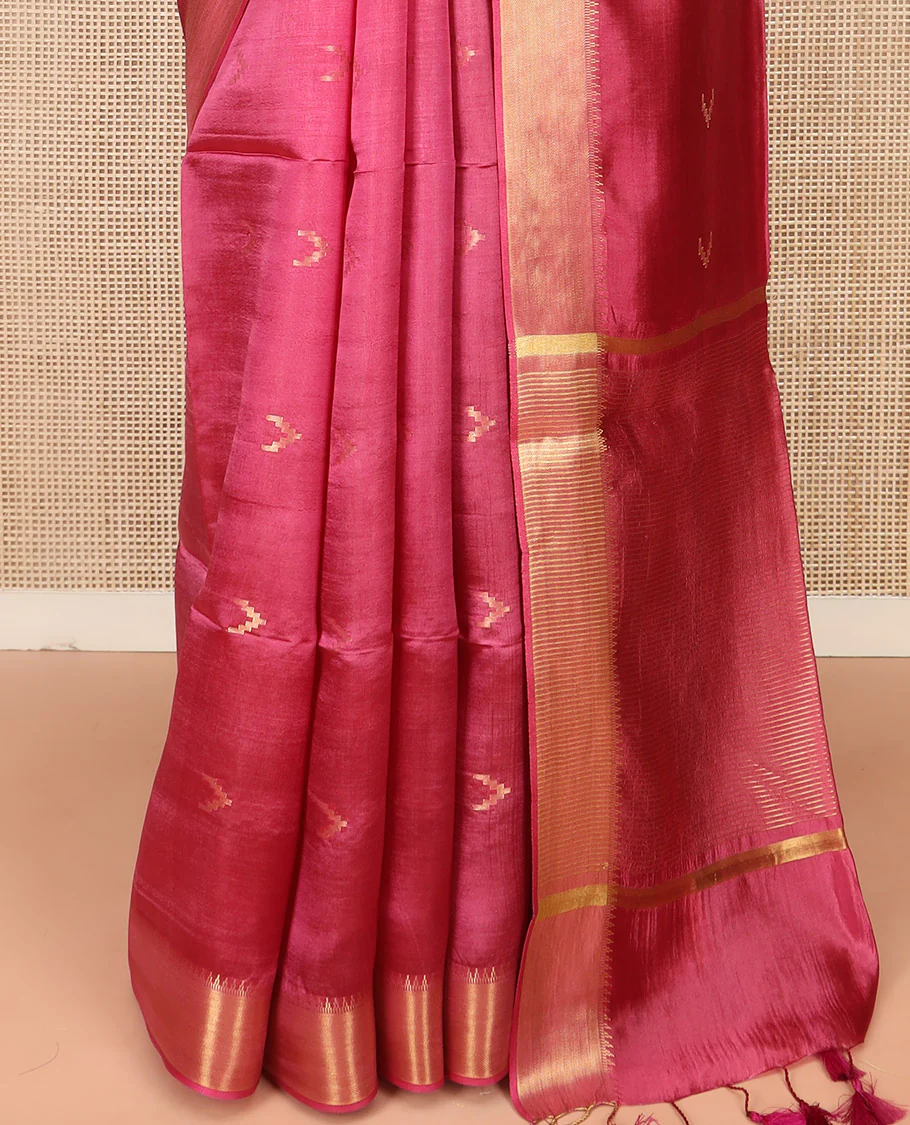 Pink Banana Pith Saree Decorated with Zari Temple Buttas, Delicately Woven Temple Zari Border, Gleaming Zari Pallu of Horizontal Stripes in Zari, and Paired with a Matching Plain Blouse - Image 4