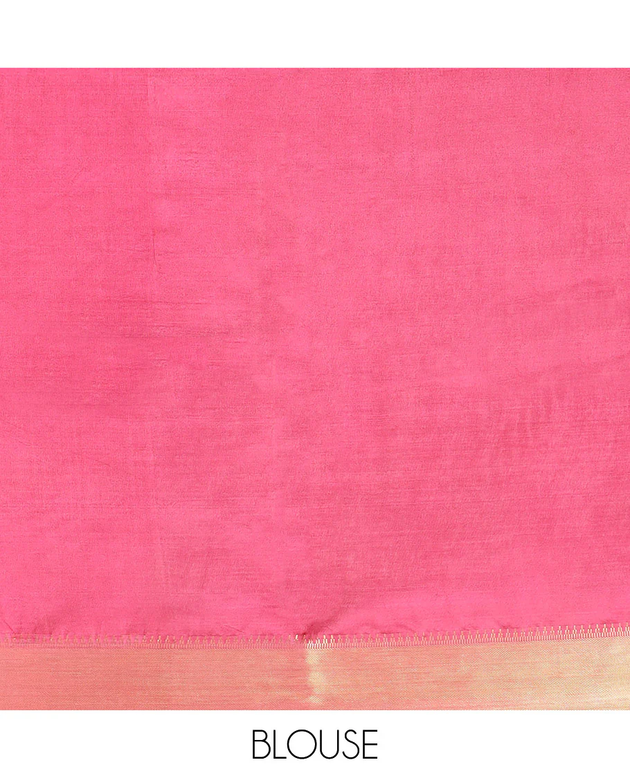 Pink Banana Pith Saree Decorated with Zari Temple Buttas, Delicately Woven Temple Zari Border, Gleaming Zari Pallu of Horizontal Stripes in Zari, and Paired with a Matching Plain Blouse - Image 5