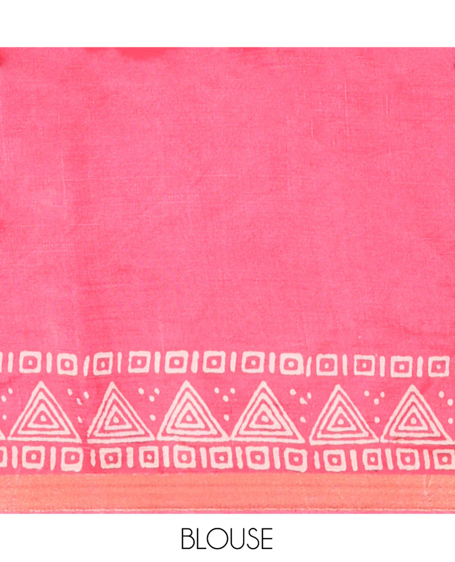 Pink Banana Pith Saree Elegantly Printed with Batik-Style Geometric Patterns Printed All Over Its Body, Subtly Woven Zari Piping Border, Printed Pallu, and Paired with a Batik Printed Matching Blouse - Image 5