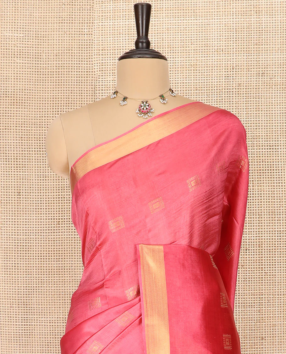 Pink Banana Pith Saree Enlivened with Square Zari Buttas, Bavanji Border, Gleaming Zari Striped Pallu, and Paired with a Matching Plain Blouse - Image 2