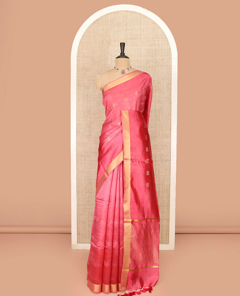 Pink Banana Pith Saree Enlivened with Square Zari Buttas, Bavanji Border, Gleaming Zari Striped Pallu, and Paired with a Matching Plain Blouse - Image 3