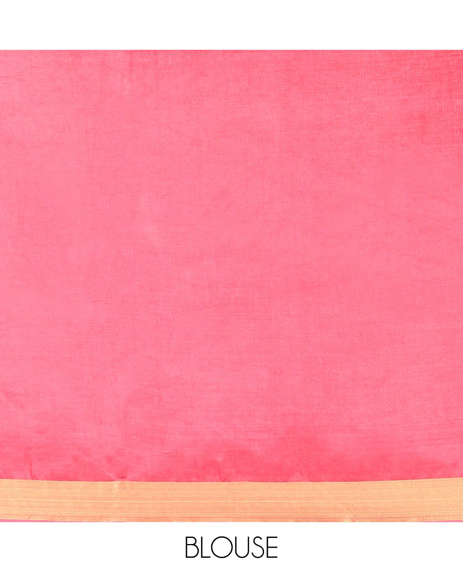 Pink Banana Pith Saree Enlivened with Square Zari Buttas, Bavanji Border, Gleaming Zari Striped Pallu, and Paired with a Matching Plain Blouse - Image 4