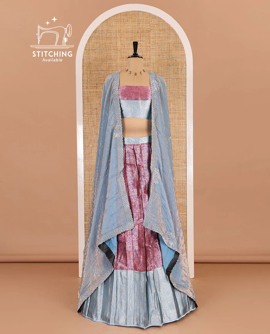Pink banarasi half-saree, jacquard with contrast traditional zari bordered skirt, a matching blouse, and a contrast stonework velvet organza dhavani - Image 2