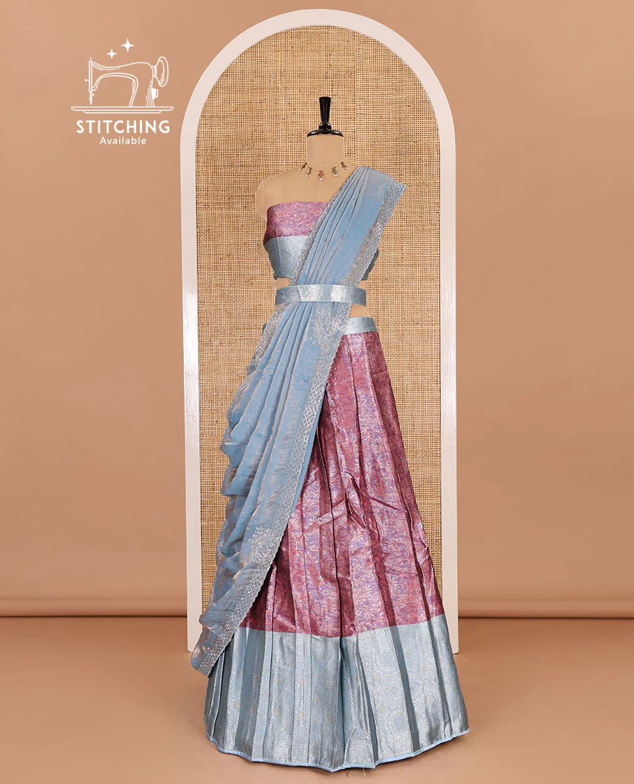 Pink banarasi half-saree, jacquard with contrast traditional zari bordered skirt, a matching blouse, and a contrast stonework velvet organza dhavani - Image 3