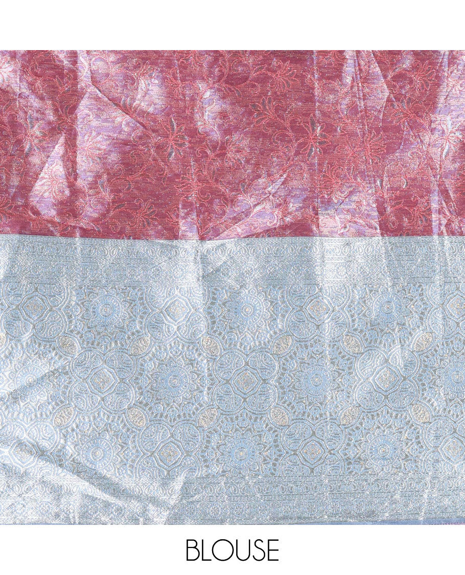 Pink banarasi half-saree, jacquard with contrast traditional zari bordered skirt, a matching blouse, and a contrast stonework velvet organza dhavani - Image 4