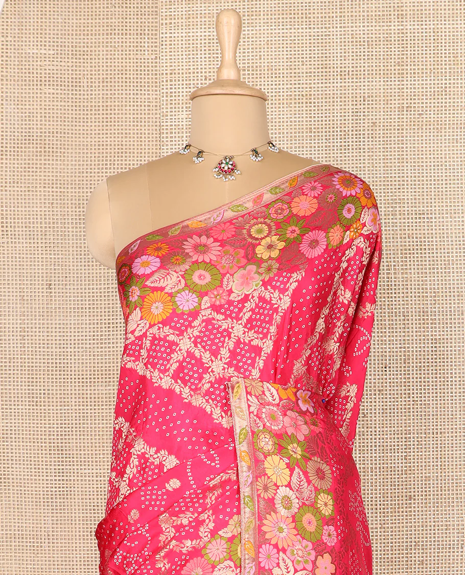 Pink bandhani dottes with jaal design dola silk saree, meenakari floral design border, and pallu of bandhani dottes, and meenakari floral design - Image 2