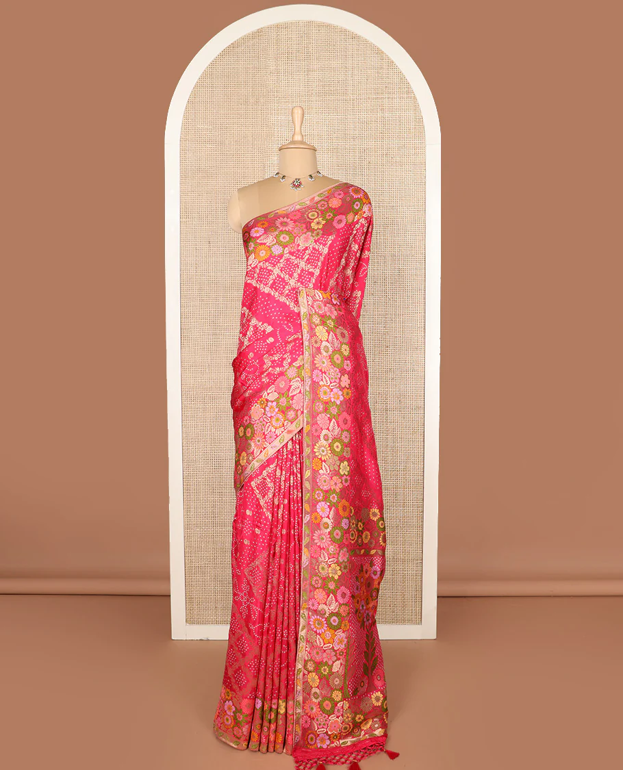 Pink bandhani dottes with jaal design dola silk saree, meenakari floral design border, and pallu of bandhani dottes, and meenakari floral design - Image 3