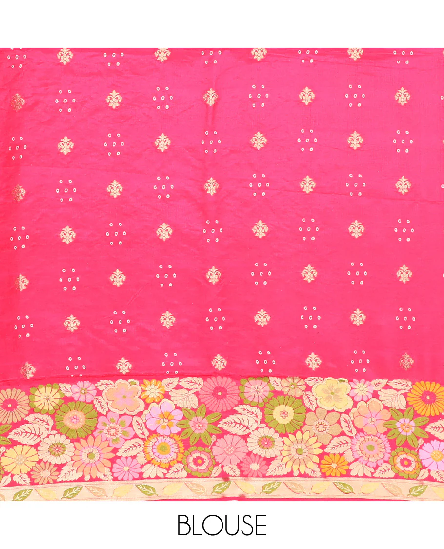 Pink bandhani dottes with jaal design dola silk saree, meenakari floral design border, and pallu of bandhani dottes, and meenakari floral design - Image 5