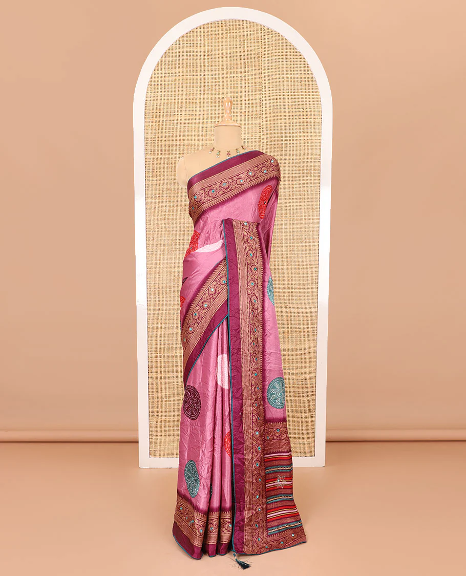 Pink bandhani printed with mirror work moss crepe saree, contrast traditional design mirror work border, printed pallu of Swarovski stone work, and a contrast plain blouse - Image 2