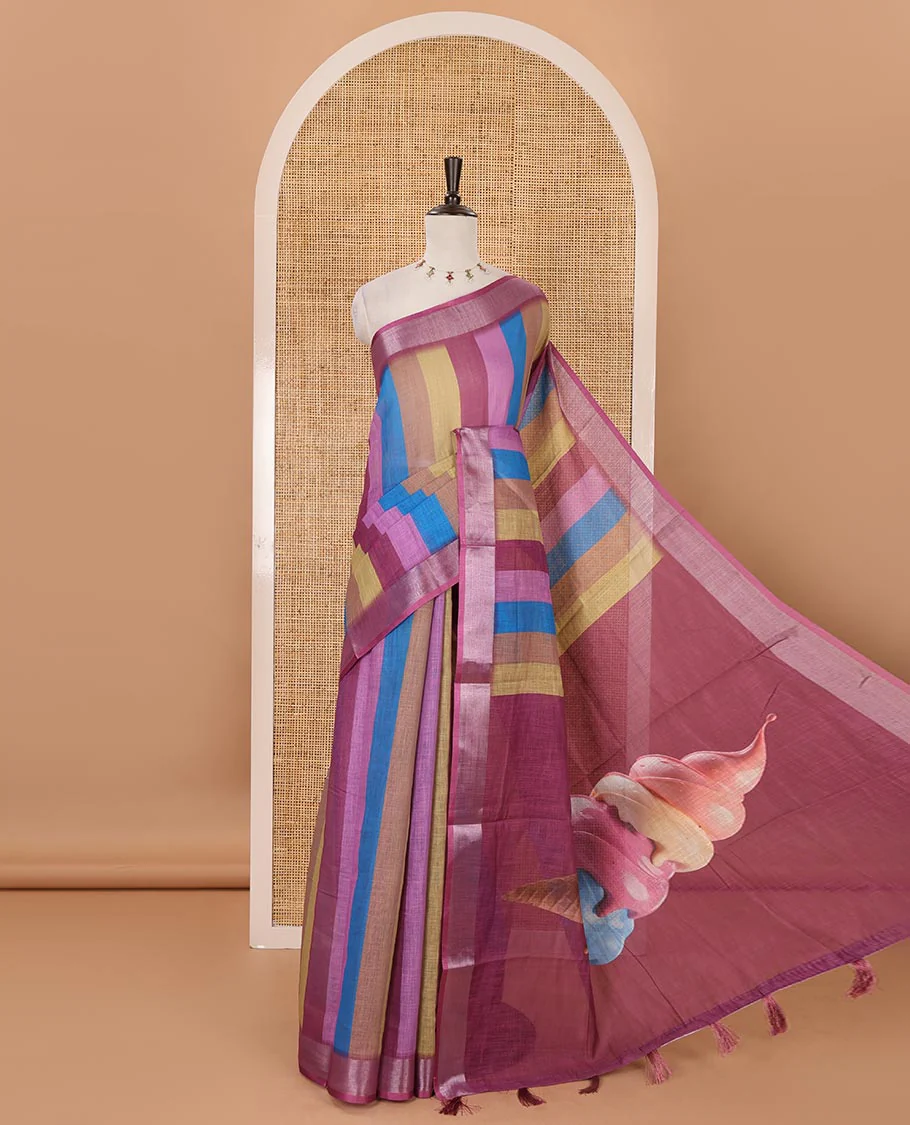 Pink-base colorful vertical stripes printed linen cotton saree, silver zari bavanji border, ice cream motifs printed pallu & contrast printed blouse