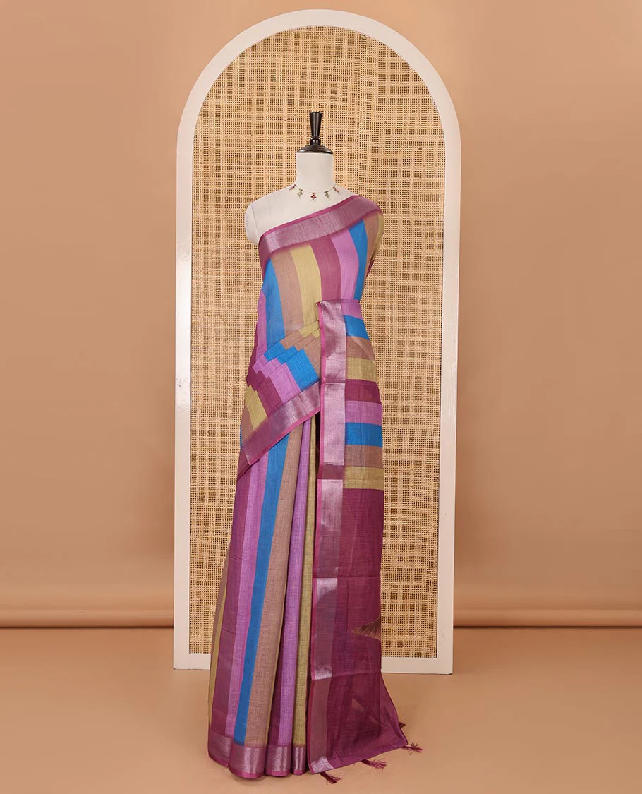 Pink-base colorful vertical stripes printed linen cotton saree, silver zari bavanji border, ice cream motifs printed pallu & contrast printed blouse - Image 2