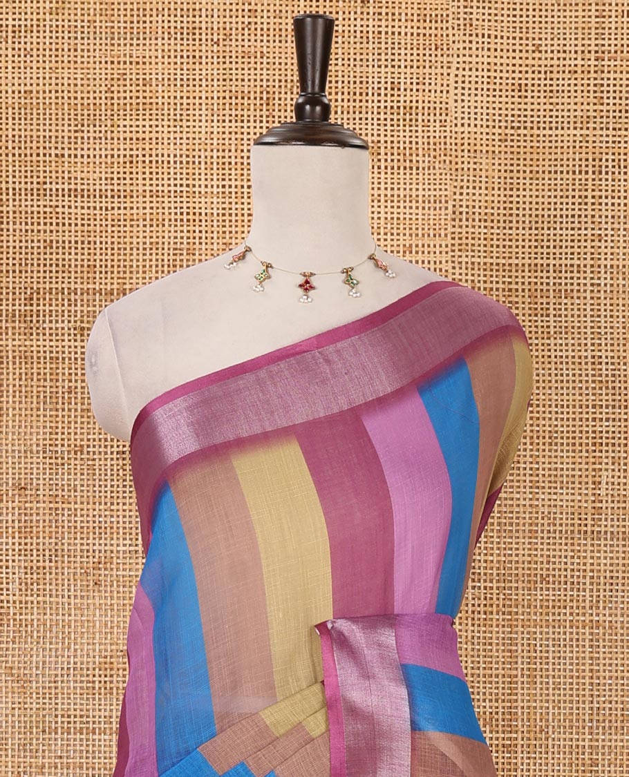 Pink-base colorful vertical stripes printed linen cotton saree, silver zari bavanji border, ice cream motifs printed pallu & contrast printed blouse - Image 3