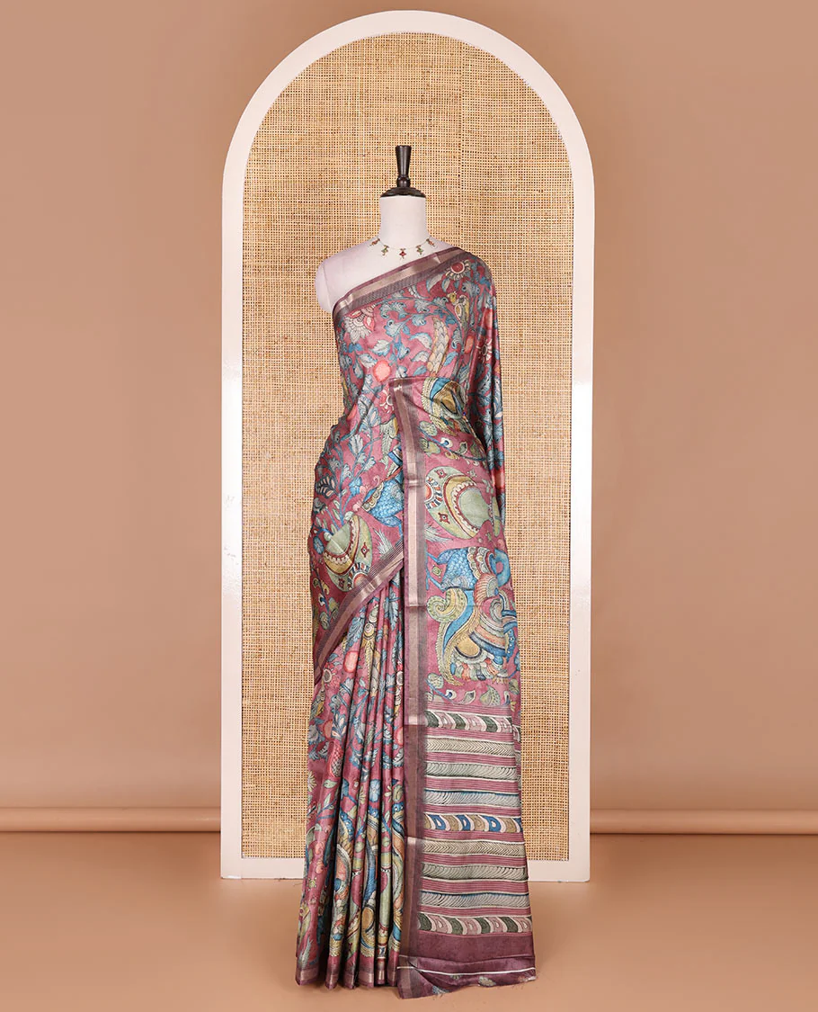 Pink-base multi-color kalamkari floral-vine and peacocks printed semi-tussar saree, gold zari piping border, kalamkari printed pallu, and contrast printed blouse - Image 2