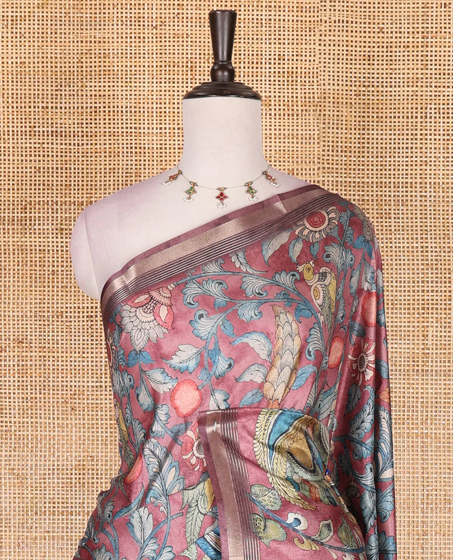 Pink-base multi-color kalamkari floral-vine and peacocks printed semi-tussar saree, gold zari piping border, kalamkari printed pallu, and contrast printed blouse - Image 3