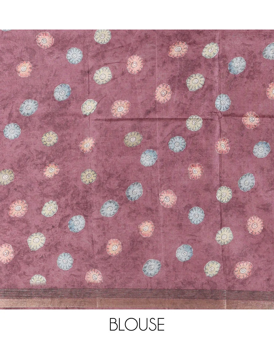 Pink-base multi-color kalamkari floral-vine and peacocks printed semi-tussar saree, gold zari piping border, kalamkari printed pallu, and contrast printed blouse - Image 4