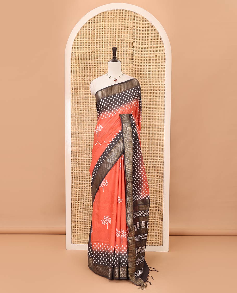 Pink batik printed Bhagalpuri cotton saree, contrast gold zari diamond-patterned border, printed pallu & pink blouse of print & zari work - Image 2