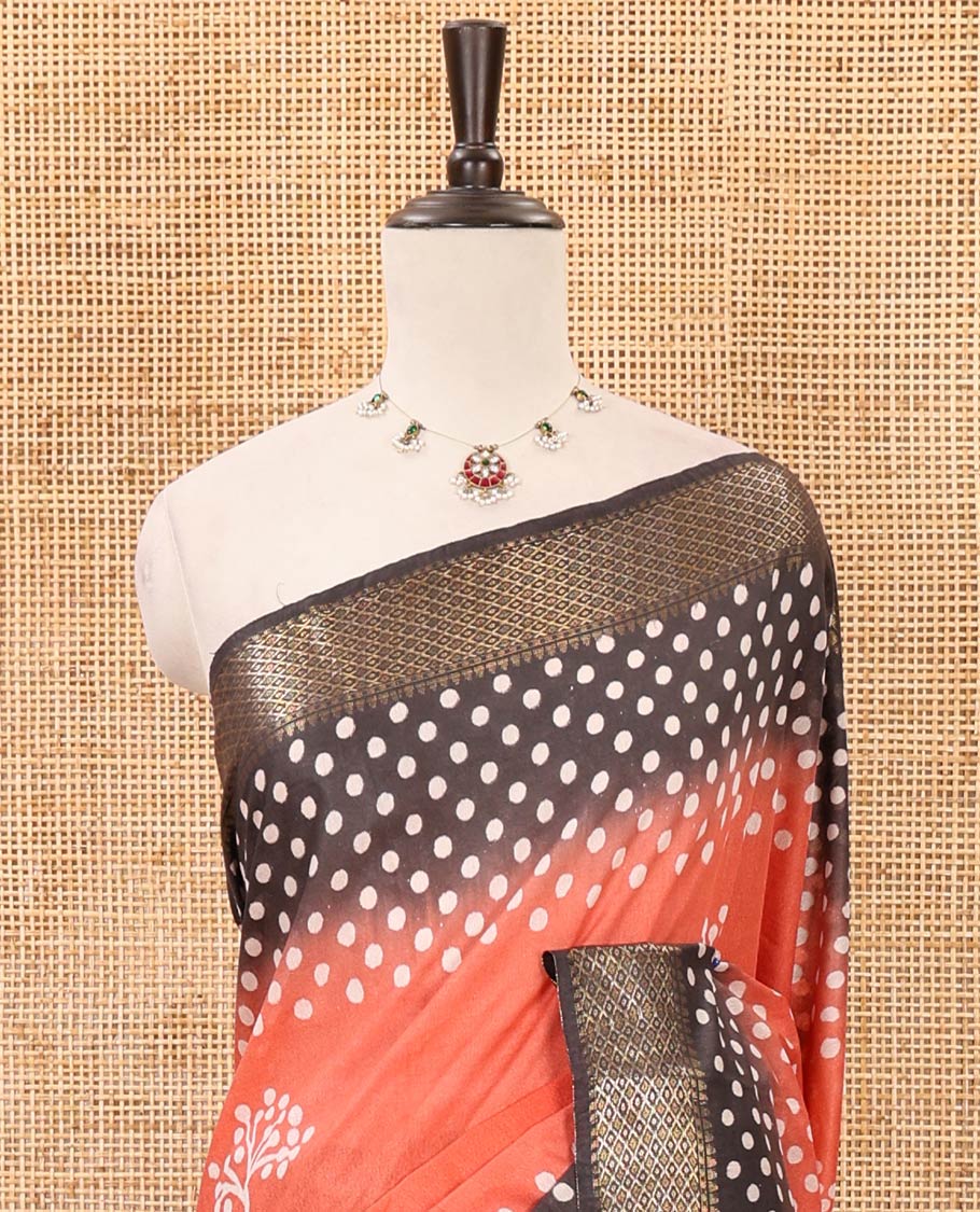 Pink batik printed Bhagalpuri cotton saree, contrast gold zari diamond-patterned border, printed pallu & pink blouse of print & zari work - Image 3