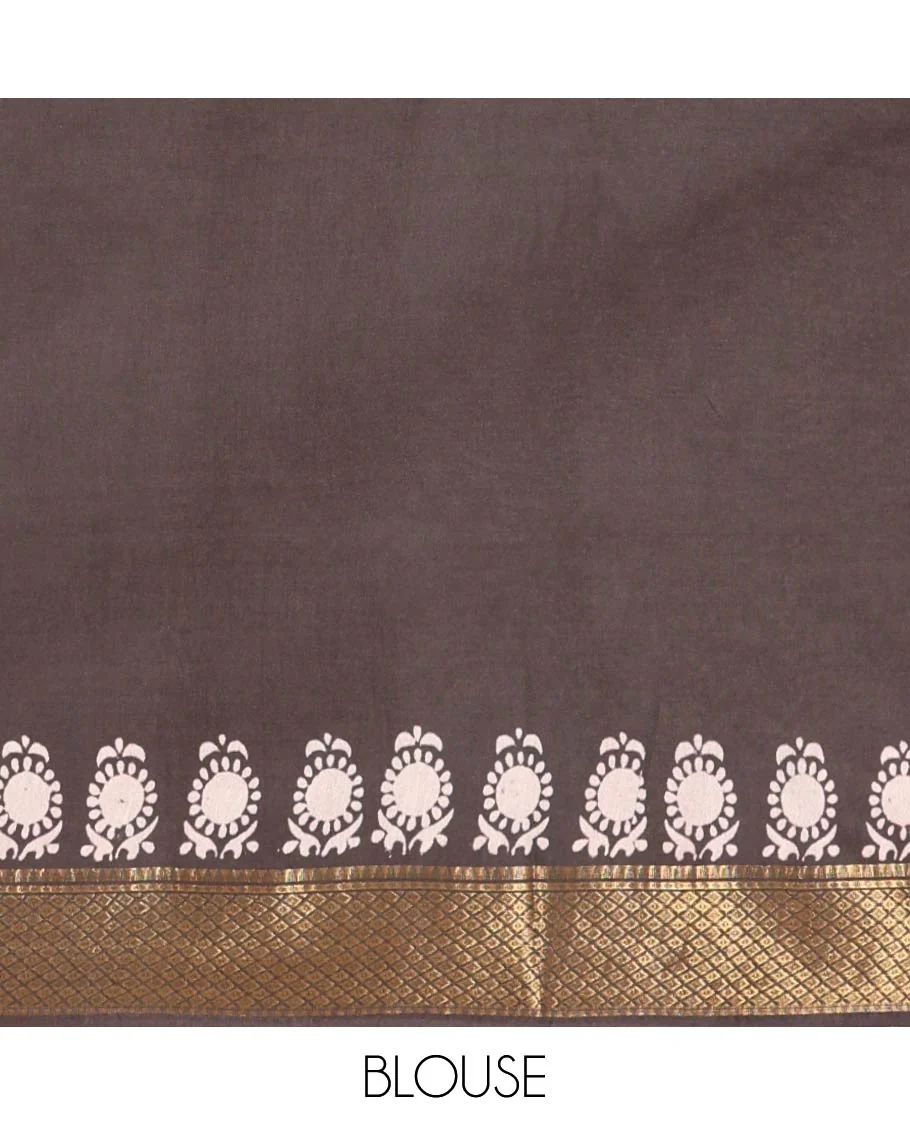 Pink batik printed Bhagalpuri cotton saree, contrast gold zari diamond-patterned border, printed pallu & pink blouse of print & zari work - Image 4