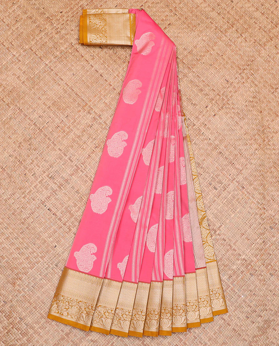 Pink Budget Silk Saree Features Zari Stripes and Paisley Buttas, Complemented by a Contrast Traditional Zari Border, a Scallop-Design Woven Zari Pallu, and a Contrast Zari-Bordered Blouse - Image 2