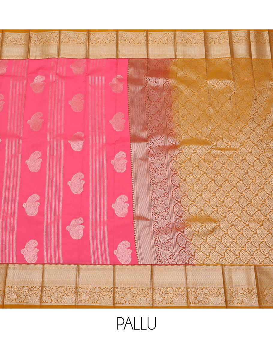 Pink Budget Silk Saree Features Zari Stripes and Paisley Buttas, Complemented by a Contrast Traditional Zari Border, a Scallop-Design Woven Zari Pallu, and a Contrast Zari-Bordered Blouse - Image 3