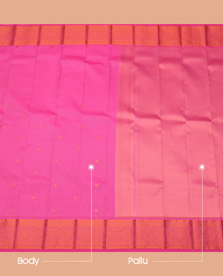 Pink Budget Silk Saree Featuring Striped and Buttas, Complemented with Traditional Zari Design Border, Zari Woven Jaal Pallu, and a Matching Zari-Bordered Blouse - Image 3