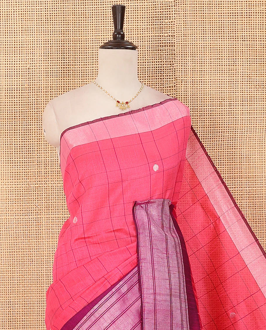 Pink buttas and checked dupion saree, contrast temple border, and pallu of temple designs - Image 2