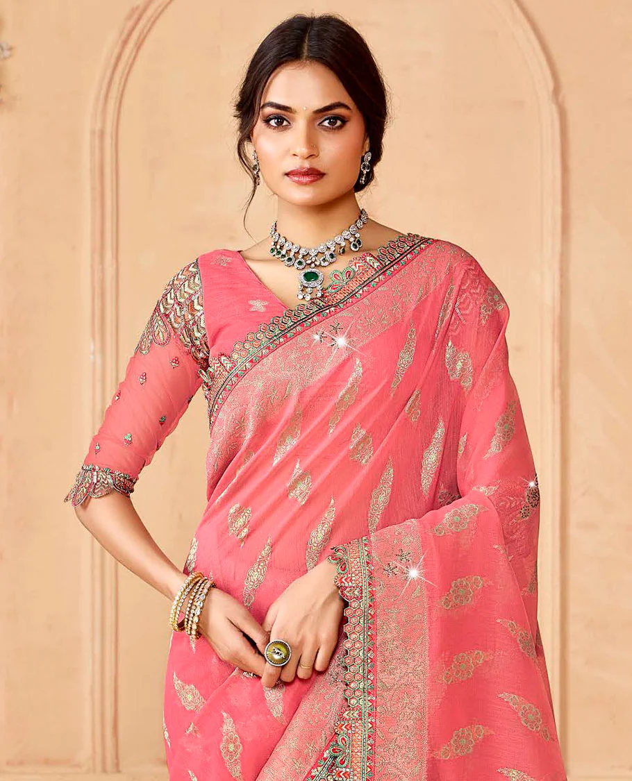 Pink buttas and micro-stone work designer saree, embroidered scallop border, and pallu of intricate designs and stone work - Image 2
