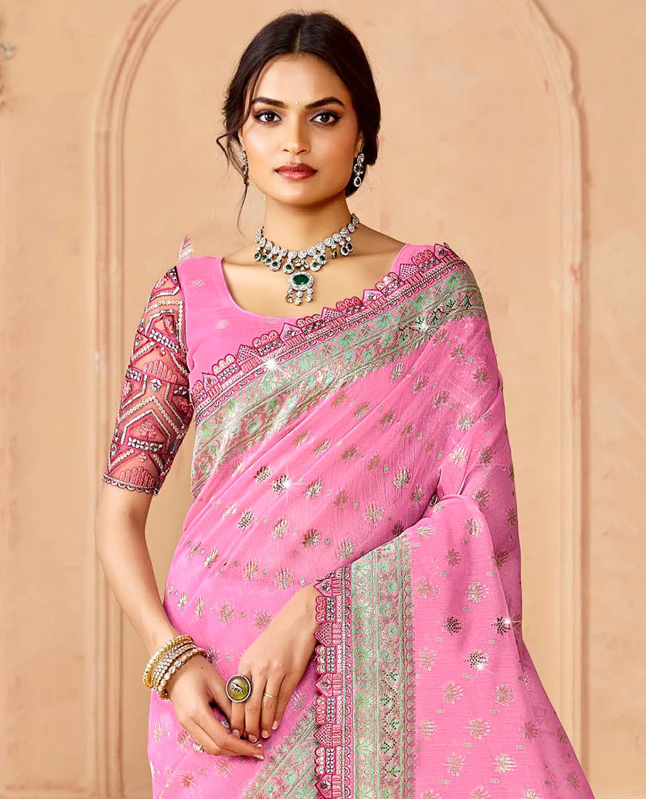 Pink buttas and micro-stone work designer saree, scallop embroidered border, and pallu of leaf patterns and stone work - Image 2