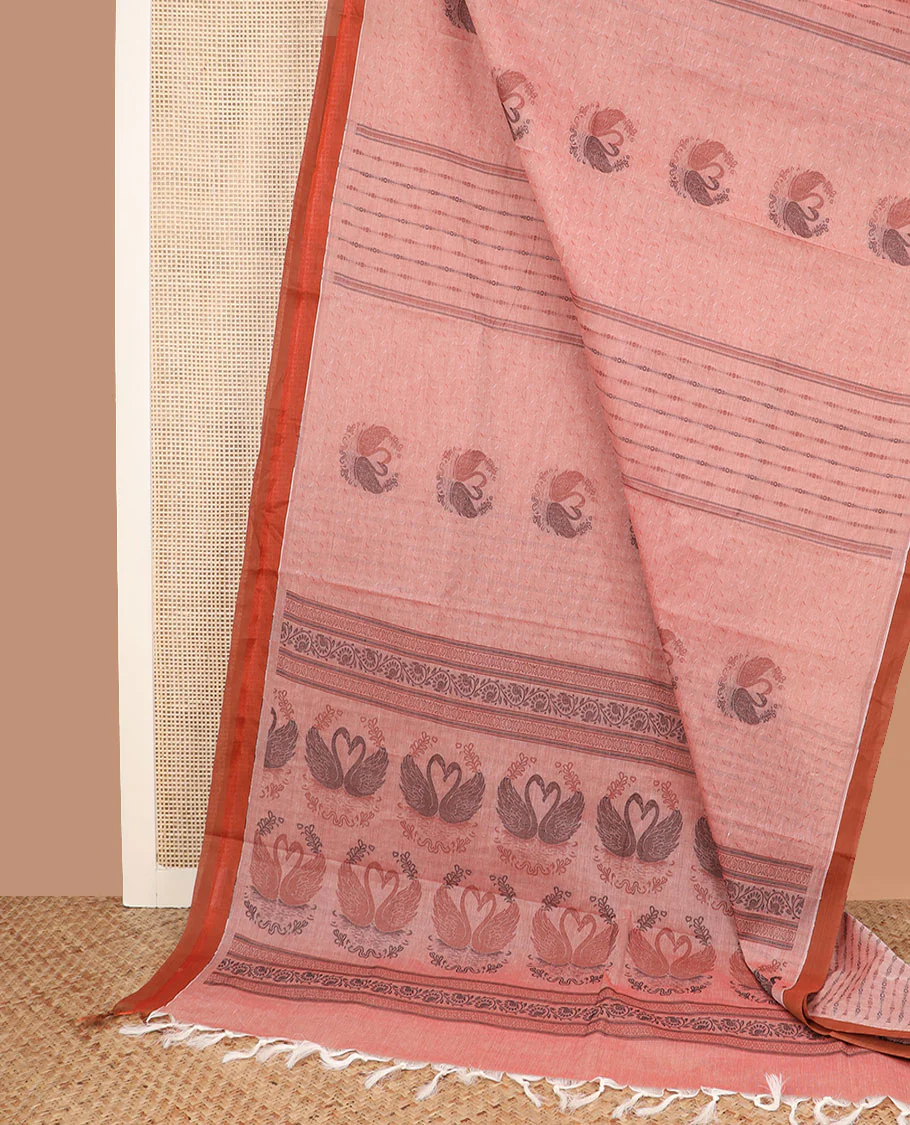 Pink buttas and striped coimbatore cotton saree, contrast plain border and pallu of Swan motifs - Image 2