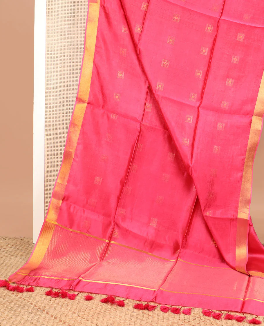 Pink buttas banana pith saree, bavanji zari border, and zari striped pallu - Image 2
