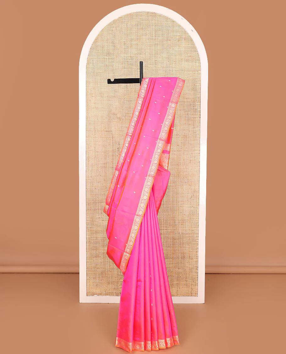 Pink buttas banarasi kathan silk saree,  floral creeper border, and pallu of jaal design