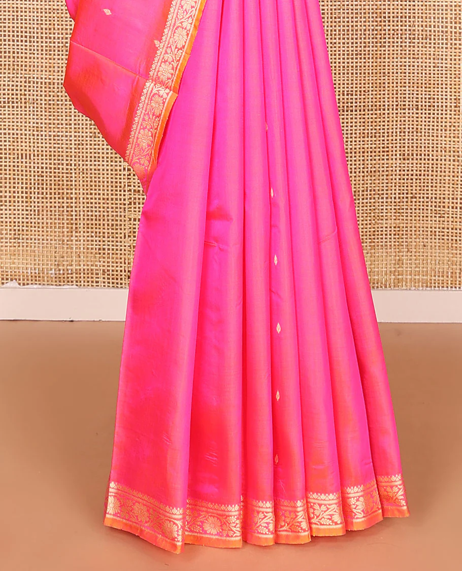 Pink buttas banarasi kathan silk saree,  floral creeper border, and pallu of jaal design - Image 5