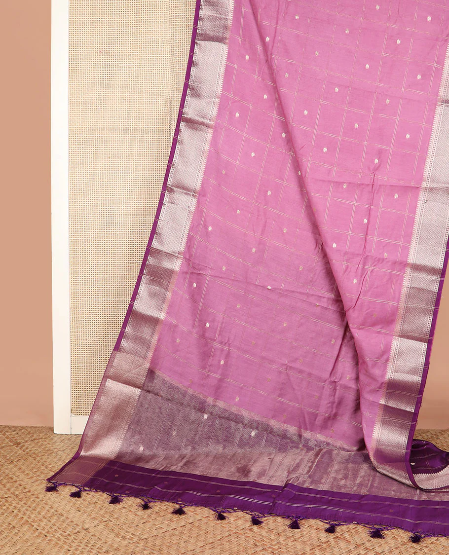 Pink buttas enclosed checked assam silk saree, contrast traditional zari border, and pallu of zari design - Image 2