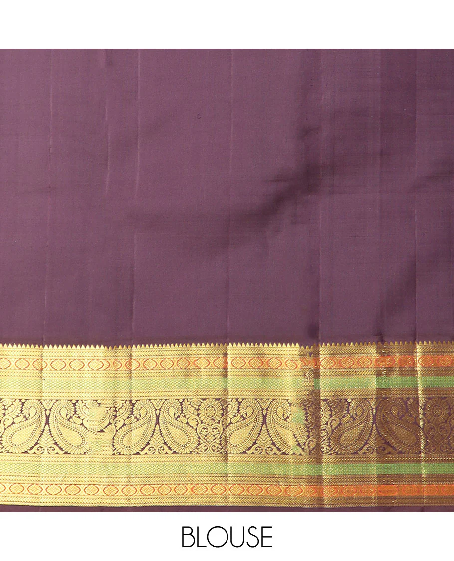 Pink buttas kancheepuram silk saree with contrast korvai border of rekku, banaras, poo chakram, manga design & floral zari design pallu - Image 6