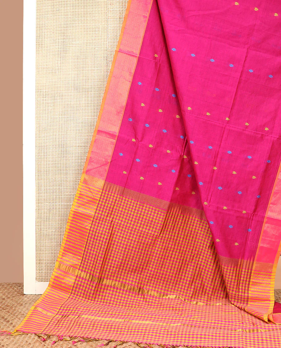Pink buttas poly cotton saree, bavanji border, and checked pallu - Image 2