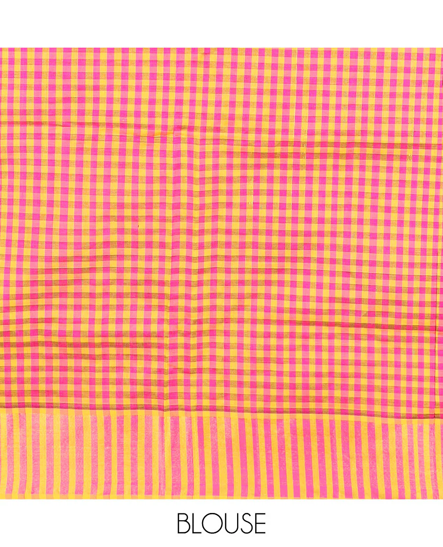 Pink buttas poly cotton saree, bavanji border, and checked pallu - Image 3