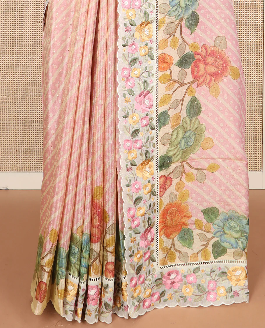 Pink buttas with bandhani and floral printed dola silk saree, contrast floral embroidered scallop border - Image 4