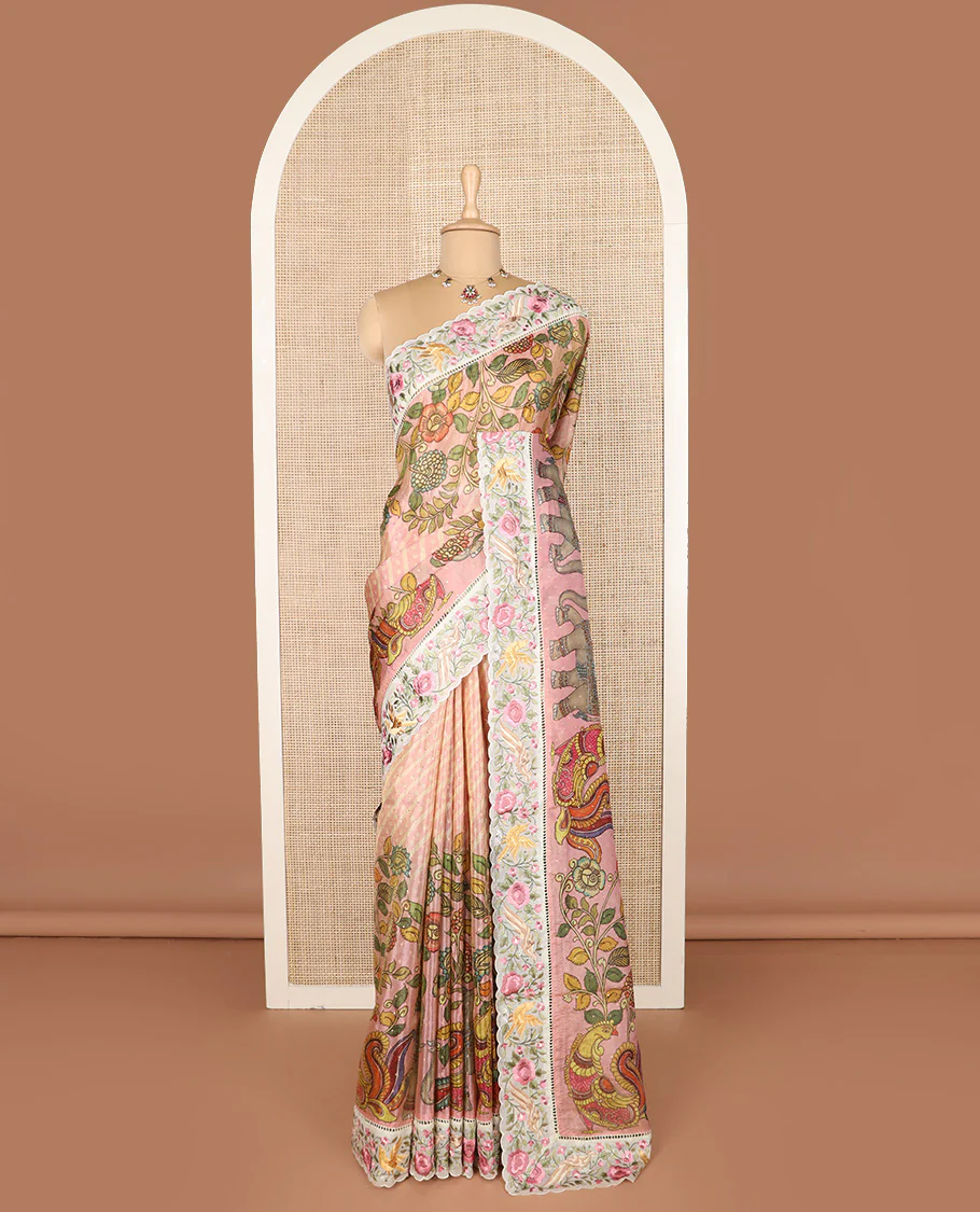 Pink buttas with bandhani and kalamkari floral-fauna printed dola silk saree, contrast floral embroidered scallop border - Image 2