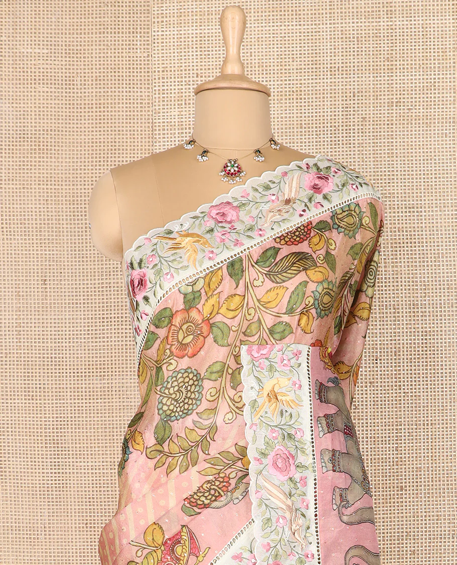 Pink buttas with bandhani and kalamkari floral-fauna printed dola silk saree, contrast floral embroidered scallop border - Image 3