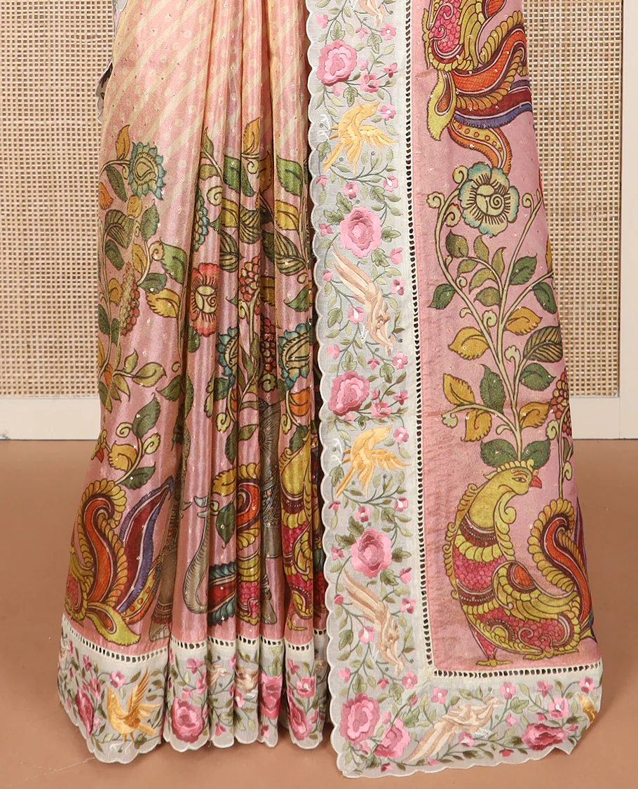 Pink buttas with bandhani and kalamkari floral-fauna printed dola silk saree, contrast floral embroidered scallop border - Image 4