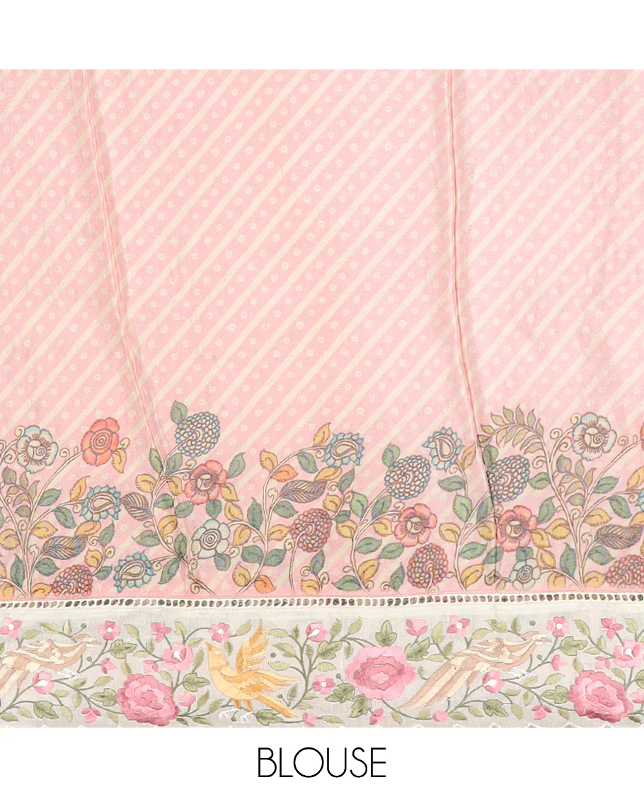Pink buttas with bandhani and kalamkari floral-fauna printed dola silk saree, contrast floral embroidered scallop border - Image 5