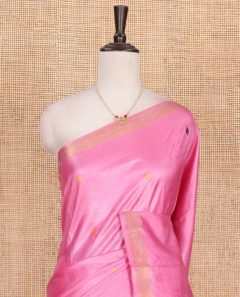 Pink buttas woven tussar saree, piping border, and pallu of floral designs - Image 3