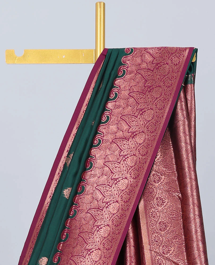 Pink butter silk saree with zari buttas, contrast zari border of floral designs & pallu of intricate designs - Image 22
