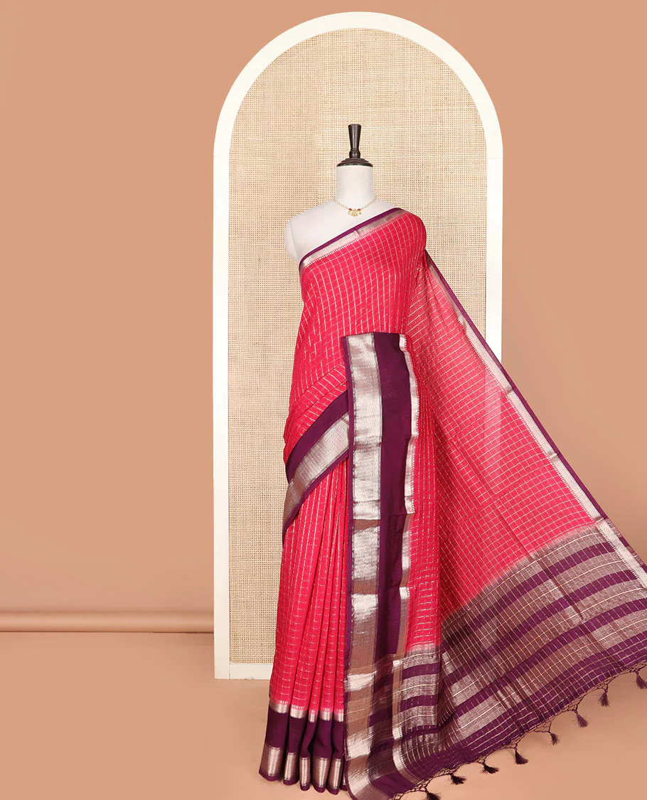 Pink checked assam silk saree, contrast traditional zari motifs woven border, and zari striped pallu